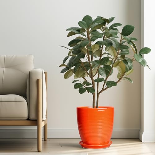 10 Inch Plant Pot, Ceramic Planters for Plants with Drainage and Saucer, Orange - Image 2