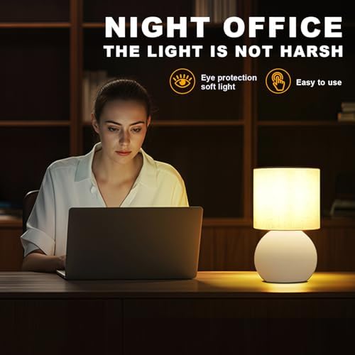 Modern White Small Table Lamp with Cotton Linen Shade, 6.2×6.2×10.4 inch LED Desk Light, One-Button Switch for Bedroom, Living Room, Nightstand, Includes Warm Light Bulb - Image 4