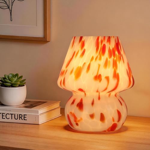 Mushroom Lamp Small Glass Table Lamp, Bedside Nightstand Lamp, Cute Desk Lamp for Bedroom, Dorm, Living Room & Kitchen, Classic Vintage Home Decor Lamp (2, Red&White) - Image 2