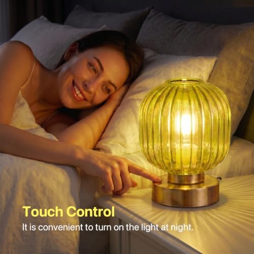 Elenhome Green Touch Glass Table Lamp Set of 2, 3-Way Dimmable Bedside Lamps, Vintage Mid-Century Modern Nightstand Lamps for Bedroom and Living Room, Ambient Mood Lighting, LED Bulb Included - Image 2