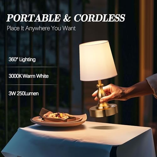 PARTPHONER Mini Cordless LED Table Lamp, 5200mAh Rechargeable Battery Operated Lamp, 3-Level Brightness, Touch Dimmable Desk Lamp, Bedside Night Light for Patio Camping Restaurant Home, Antique Brass - Image 4