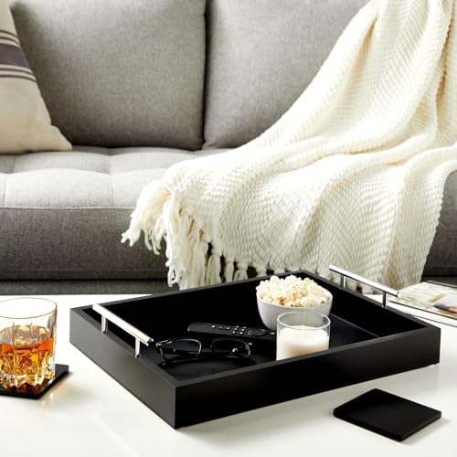 Juvale Wooden Serving Tray - 15.7 x 11.8 x 3.1 in, Black Rustic, Includes 2 Coasters - Decorative Tray with Interchangeable Gold & Silver Handles - Sofa & Ottoman Use, Coffee Table Decor - Image 4