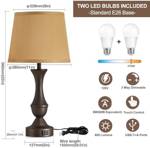 Luvkczc 22" Table Lamp Set of 2 - Farmhouse Vintage Brown Bedside Lamp - Image 2