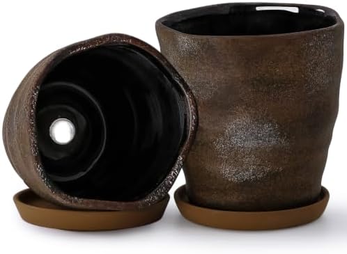6 Inch Ceramic Planter Set of 2 with Drainage Hole and Saucer for Plants, Indoor-Outdoor Large Irregular Succulent Orchid Flower Pot- Cement Paint, Inner-pots not Larger Than 5 Inch by Unknown
