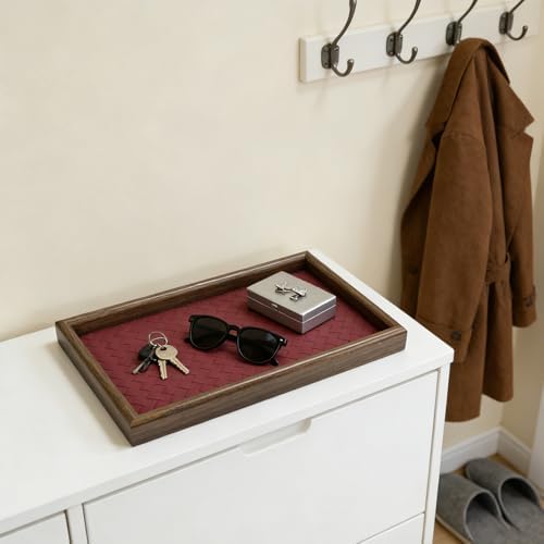 Wooden Valet Tray with Leather Base, Red - Image 6