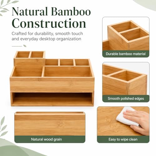 Bamboo Desk Organizer with Pen Holder and Open Shelf, Multi-Compartment Desktop Organizer for Mail, Notes, Books and Office Supplies, Space Saving Storage for Home Office Desk - Image 5