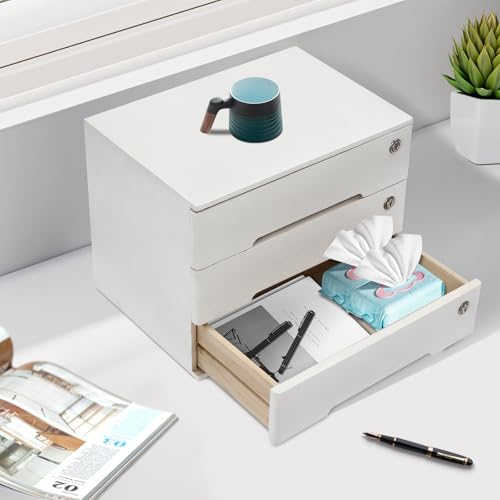 Wooden Desktop Storage Box with Lockable Drawers, Flat File Cabinet Drawer Desktop Storage Box, Countertop Storage Cabinet for Office Home Toiletries Supplies Vanity (White, 3 Drawer) - Image 6