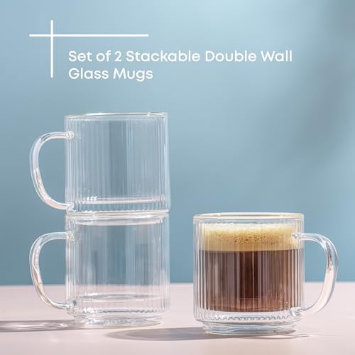 JoyJolt Haven Stackable Fluted Glass Mugs, Set of 2 Ribbed Double Wall Insulated Coffee Cups, 13.5oz Clear Mugs - Image 4