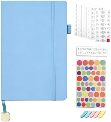 A5 Dotted Journal Starter Kit with Stencils and Stickers, Hardcover Dot Grid Notebook with 120 GSM Paper, Index Tabs and Date Stickers for Journaling, Study and Work,Sky Blue by Unknown