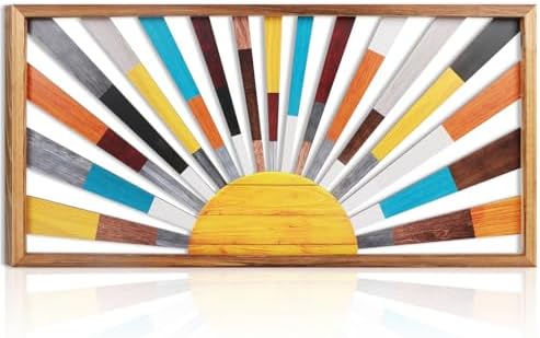 IARTTOP Large Boho Sun Wall Art Framed Wooden Art Wall Decor Rainbow Sun Rising On The Horizon Geometric Line Sunshine Wall Art for Living Room Bedroom Office 16"x32" by IARTTOP