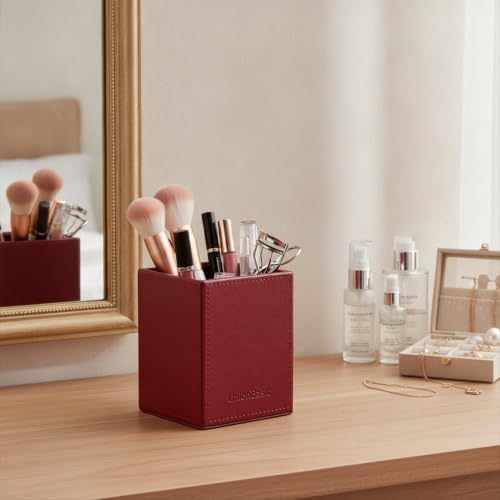 UnionBasic Square Pen Holder, Leather Pencil Cup, Desktop Caddy Stationery Organizer (Burgundy) - Image 4