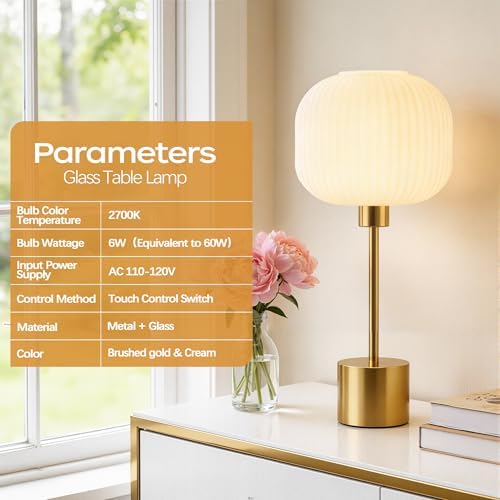 QiMH Glass Table Lamp for Living Room, Modern Bedside Lamp with Gream Ribbed Glass Shade, 3-Way Dimmable Touch Control Nightstand Lamp for Bedroom, Brushed Gold (2700K LED Bulb Included) - Image 3