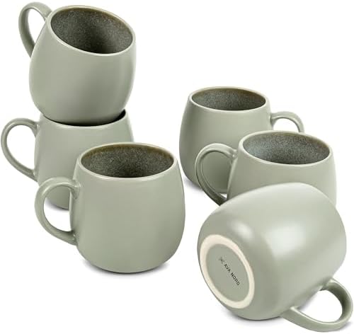 Ava Nord Ceramic Coffee Mugs Set of 6, 14oz - Modern Scandinavian Aesthetic Cup- Microwavable Stoneware Coffee Cups with Comfortable Handle - Tea Mug Set for Latte, Cappuccino, Soup - Soft Sage Green by AvaNord