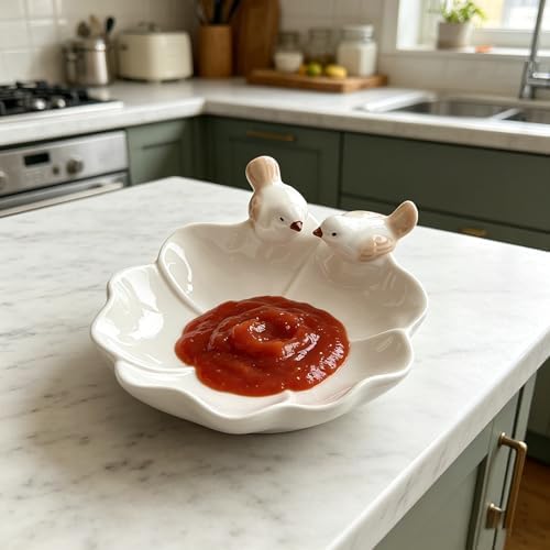 Ceramic Jewelry Tray Trinket Dish, Cute Bird & Lotus Leaf Design, Ring Holder, Seasoning Condiment Dish, Aesthetic Vanity Desk Decor for Bedroom Bathroom (white) - Image 6