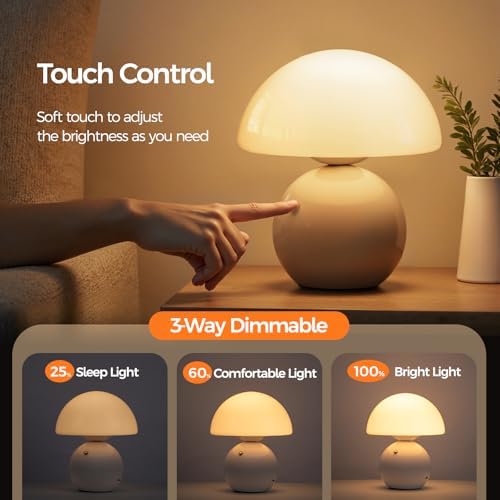 NIORSUN Wireless Mushroom Lamp Set of 2,Table Lamp for Bedroom, Portables Cordless Lamps,Wireless Light,Bedside Table Lamp for Living Room,Mini Mushroom 5200mAh Battery Operated Lamps Modern (White) - Image 3
