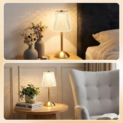 Liliful 2 Pcs Cordless Table Lamp LED Touch, Gold, Crystal Cut Style - Image 6