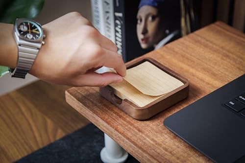 MUUJEE Wooden Office Desk Note Holder Organizer - 3.75 x 3.75 for Work Teacher Dad Wood Tray Post It Sticky Notes Work Minimalist Rustic - Image 5