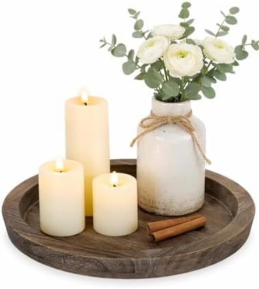 Hanobe Round Wooden Candle Holder Trays for Coffee Table, Distressed Finish by Hanobe