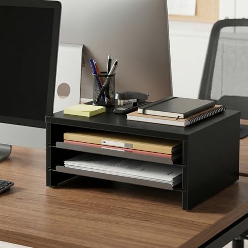 Fenge 14.3-Inch Monitor Stand with Slide-Out Trays, Wood & Metal Desk Shelf - Image 6