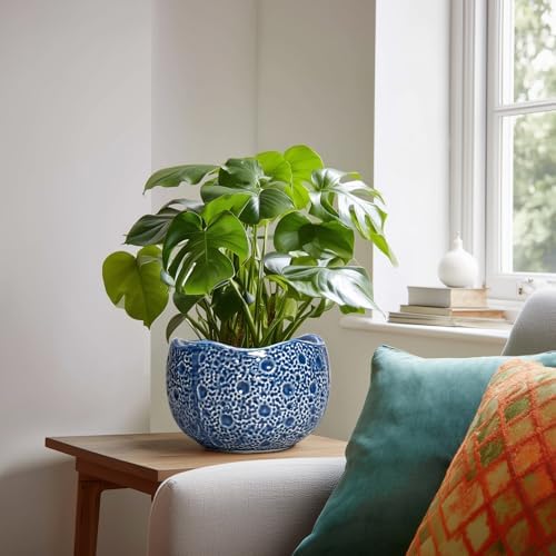 Ceramic Pots for Plants - 8 Inch Round Planter with Drainage Hole, Round Decorative Plant Pots for Indoor Outdoor, Modern Unique Flower Pot, House Living Room Decor, Home Gifts, Blue - Image 3