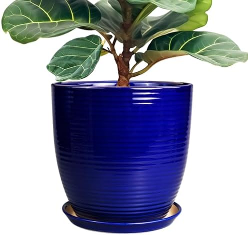 Ceramic Planter Pot - 12 Inch Pot for Plants Large Indoor Plant Pot with Drainage Hole and Saucer Fluted Round Planter for Outdoor Plants Flower Pot for Home Garden Blue by EPFamily