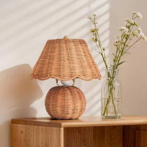 Rattan Small Bedside Mini Table Lamp for Bedroom, Boho Bedroom Lamps for Nightstand, Wicker Mini Table Lamps for Small Spaces with Scalloped Shade for Kitchen Counter, Bookshelf, Kids Dorm, Office by Unknown