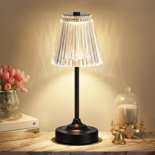 Black Cordless Rechargeable Table Lamp, Touch Battery Powered Lamp, 3 Color Modes, Crystal Acrylic Lampshade, Portable Ambient Night Light for Desk, Bedroom, Living Room, Dining Room, Kitchen, Bar by KakanuoLightings