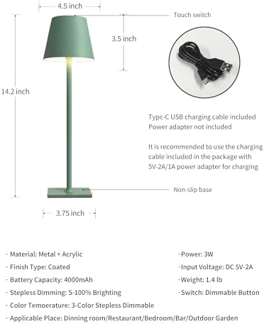 KDG 2 Pack Cordless Green Table Lamps, Rechargeable Portable LED Desk Lamps - Image 5