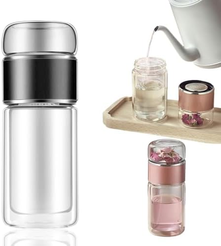 12oz/350ml Double Wall Glass Tea Infuser Bottle, Leakproof Travel Mug with 304 Stainless Steel Filter, Hot & Cold Drinks Tumbler for Loose Leaf Tea, Fruit Water, Home Office Travel (Black) by UBottey