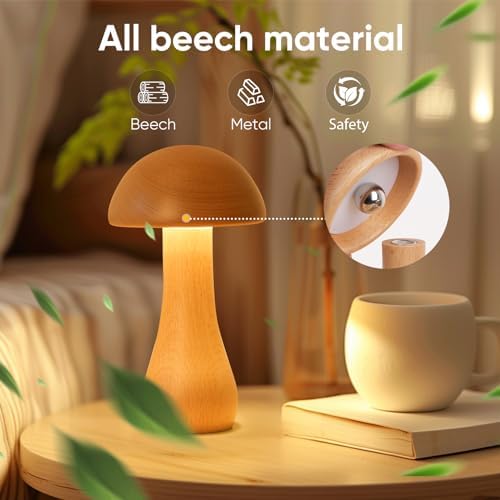 LONRISWAY 2 Pack Wooden Mushroom Lamp, Portable Cordless Small Rechargeable Battery Operated Lamp,Stepless Dimming,Night Light for Birthday Gifts - Image 3