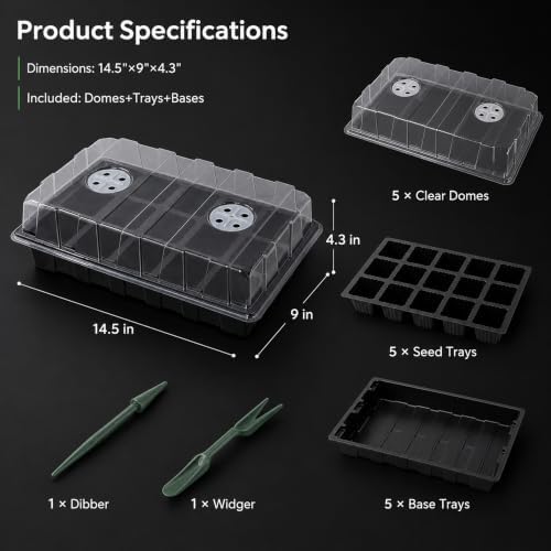Gardzen 5 Pack Seed Starter Trays with Vented Domes 75 Cell Black - Image 2