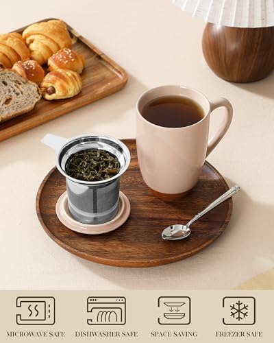 MALACASA Ceramic 18 oz Tea Mug with Lid and Infuser, Khaki Pink - Image 4