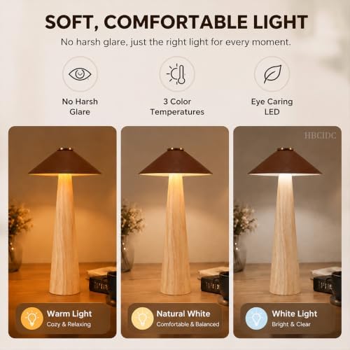 Wood Mushroom LED Desk Lamp - Cordless Night Light (Natural Wood) - Image 2