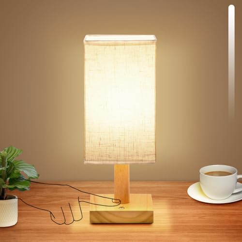 UCHENTON Small Cordless Touch Square Table Lamp with Stepless Dimming, Natural Wood Base & Linen Fabric Shade, Battery-Powered Ambient Night Light for Bedroom, Bedside, Nightstand,Room, Nursery by UCHENTON