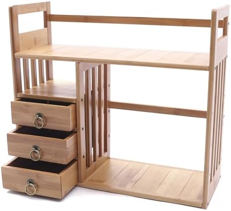 Bamboo Desktop Bookshelf Organizer, Double Layer Countertop Book Shelf with 3 Drawers, Desk Hutch Bookcase Organizer Display Shelf Rack for Office Home by HAOREBAIYU