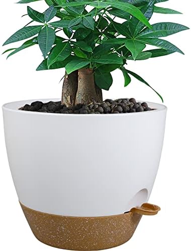 UOUZ 12 inch Large Self Watering Pots, Plastic Planters with 60oZ Removable Deep Reservoir and Multi Mesh Drainage Holes for Indoor Outdoor Garden Plants and Flowers, White with Brown by UOUZ