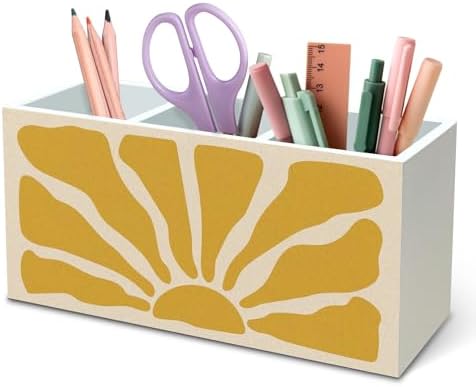 DILSJ Boho Abstract Sunshine Pen Pencil Holder Organizer for Desk, Boho Office Decor, Groovy Retro Abstract Sunshine Wooden Box Signs for Home Office Desk Tabletop Decoration by DILSJ