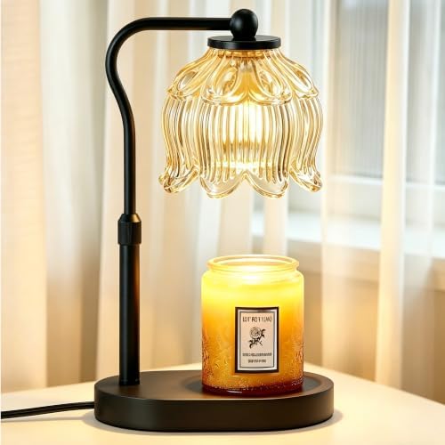 Briever Flower Candle Warmer Lamp, Adjustable Height Electric Candle Lamp with Timer & Dimmer, Wooden Base Wax Warmer, Christmas Birthday Housewarming Gifts for Women Mom, Black Wood-Clear by Briever