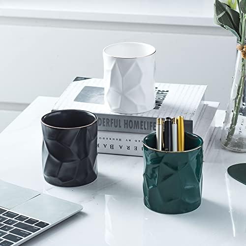 Ceramic Irregular Round Pen Holder For Desk Cute Stand Gold Line Aesthetic Pencil Cup Pot Desk Organizer for Men Women Makeup Brush Holder (Black) - Image 6