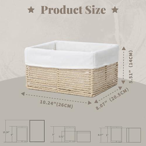 GYASVWU Hand-Woven Paper Rope Storage Baskets,Rectangular Wicker Baskets for Organizing,Decorative Woven Basket for Storage,Shelf Basket for Living Room,Storage Baskets for Pantry (Beige - Small) - Image 3