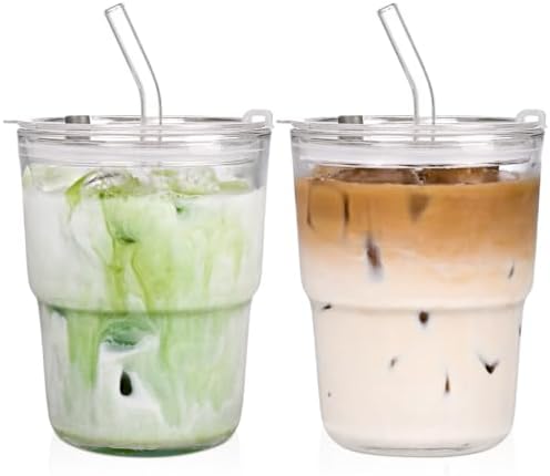 AUFXKOO13oz Glass Tumbler with Straw and Lid，2 Pack Iced Coffee Cups with lids Reusable,Glass to go Coffee Cup,Glass Cups with Lids for Drinking Matcha, Coffee, and Juice. by AUFXKOO
