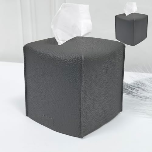 HOMOTEK 2 Pack Tissue Box Cover, Square PU Leather Tissue Holder, Decorative Facial Tissue Cube Paper Organizer Dispenser for Bathroom, Night Stands, Desk, Car 5X5X5'' - Beige, Pebble Grain by HOMOTEK