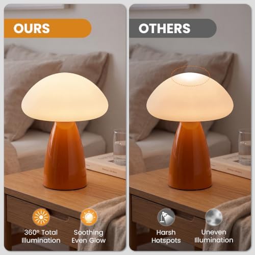 Mushroom Lamp, 3 Color Modes Stepless Dimmable Table Lamp, Retro Ceramic Base Bedside Lamp, Decorative Lamp for Bedroom, Nursery, Nightstand (Orange) - Image 5