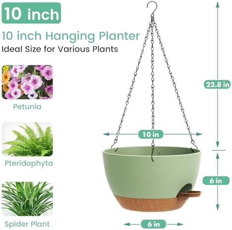 UOUZ Set of 3-10 Inch Self Watering Hanging Planters for Indoor & Outdoor，Hanging Plant Pots with Drainage & Removable Tray, Hanging Pots Holder for Ivy, Ferns, Balcony & Patio, Green and Brown - Image 3