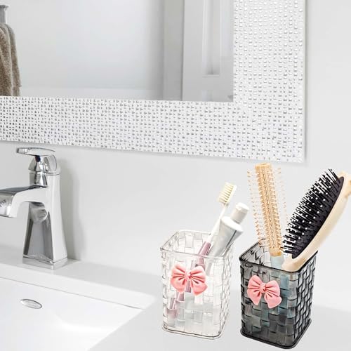 Pen Holder for Desk Cute Acrylic Makeup Brush Holder, Woven Texture with Bow Decor, Desk Stationery Desktop Caddy Cosmetic Accessories for Office, Home, School, Kitchen - Clear White - Image 6