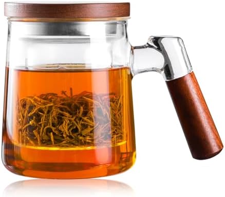 Glass Tea Cup with Infuser and Lid 18.6oz/550m, Tea Infuser Mug for Loose Leaf Tea, Heat Resistant Tea Mug with Wooden Handle Gift for Family by GlazzKraft