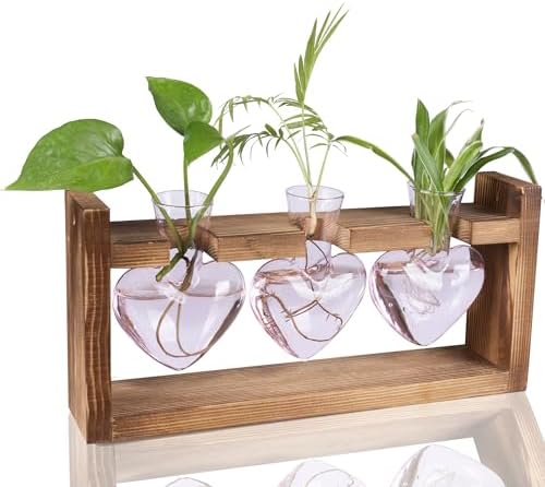 Kingbuy 3-Heart Plant Terrarium Kit with Vintage Wood Stand - Stained Glass Vase Propagation Station, Wall-Mounted & Tabletop Indoor Decor for Home Kitchen Wedding Gift, Light Pink by Kingbuy
