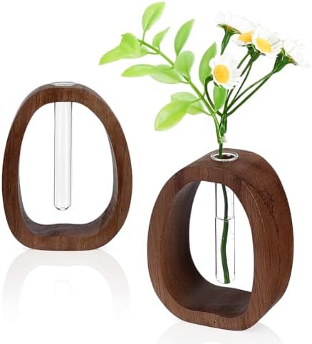 2 Sets Coconut Brown Wooden Frame and Glass Tube Vase for Hydroponic Plants Small Tabletop Propagation Vase with Test Tube for Home Office Desk Decor Modern Farmhouse Centerpiece by Unknown