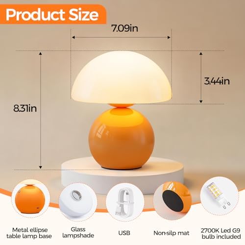 NIORSUN Mushroom Lamp Table Lamp for Bedroom, Portables Cordless Table Lamps Set of 2,Wireless lamp,Bedside Tables Touch for Living Room,Mini Mushroom 5200mAh Battery Operated Lamps Modern Orange - Image 2