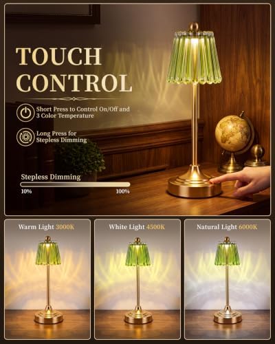 Set of 2 Small Vintage Cordless Table Lamp, Green - Image 3